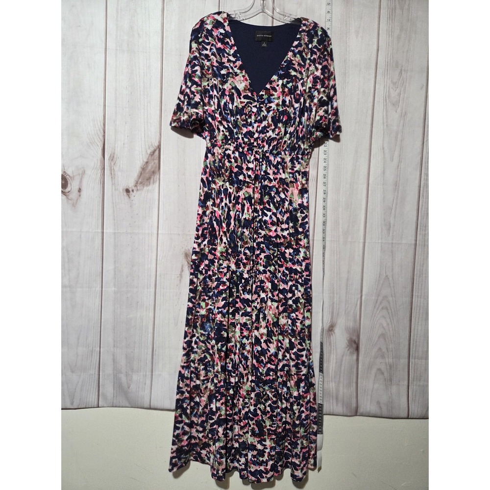 Donna Morgan Women Navy‎ Pink Abstract Print V-Neck Tiered Maxi Dress Size 8